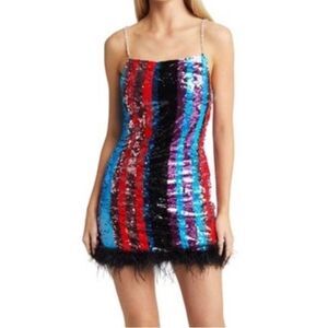 AMYLYNN | Multicolor Sequin Mini Disco Dress with Feather Hem Women’s Size XS
